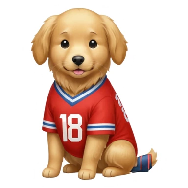 a golden retriever with a red and white jersey that has the number 18 on it sticker