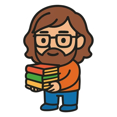 Add long hair and a beard to the nerd with books, keeping the original style and transparent background. sticker