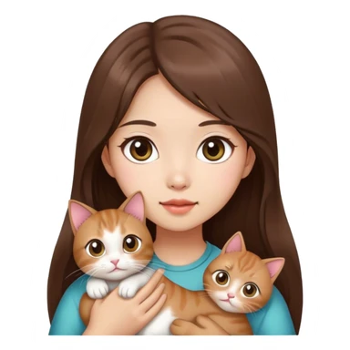 A Chinese girl with long brown hair and big eyes, holding a cat sticker