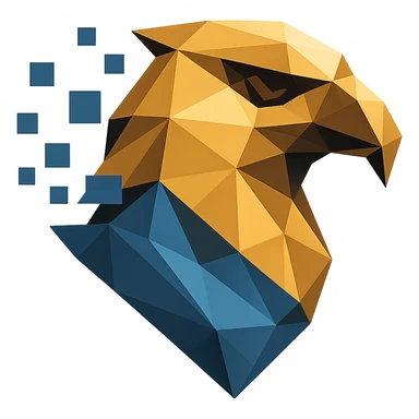 Make the abstract eagle head logo for Pinsafe even more abstract and visually striking, with bold digital and geometric polygonal effects. Remove the background entirely for transparency. Focus on a modern, cool, and highly attractive design, keeping the eagle recognizable and the color palette professional. sticker