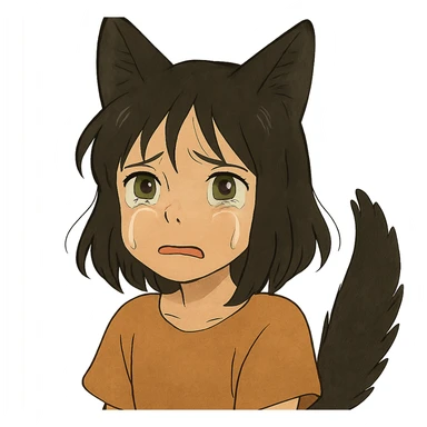 A girl with tears, black fox ears, and a tail, green eyes, dark hair sticker