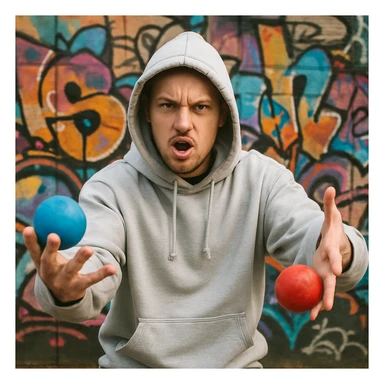 A white rapper in a hoodie holding a blue ball in one hand and a red ball in the other, urban style, expressive pose sticker