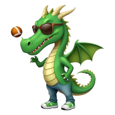 friendly anthropomorphised green dragon in a sports t-shirt and jeans with dark sunglasses walking upright, relaxed pose sticker