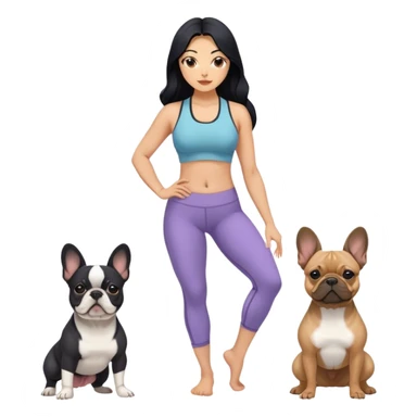 latin woman in a yoga outfit with long black hair standing alongside two French bulldogs 
 sticker