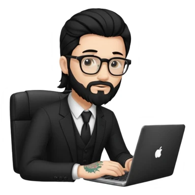 a young man with long black hair, with formal cloth, beard, wearing glasses sitting with a laptop, tattoo inyout arms sticker