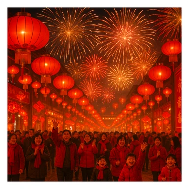 Chinese New Year scene with red lanterns and fireworks, festive atmosphere sticker