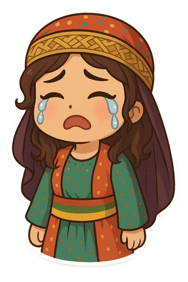 Cartoon sticker of a Kurdish woman in traditional Kurdish female clothing, colorful and cheerful style, sad face with crying expression, no text, suitable for WhatsApp and Instagram, transparent background. sticker