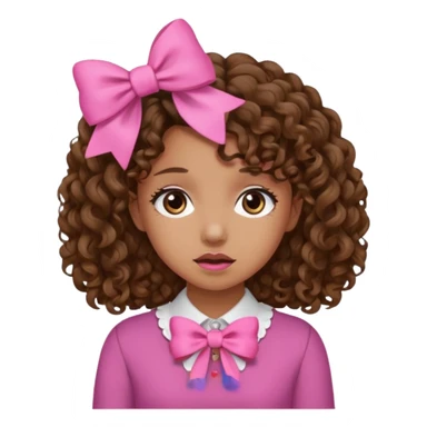 Curly hair brown hair tan skin girl, Pleading Face emoji, using pink bow sticker