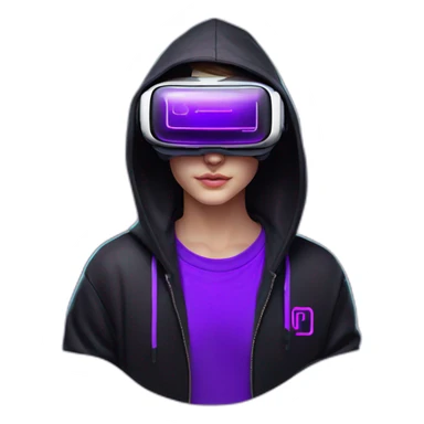 Russian student wearing black hoody with violet letters "OMG", in vr headset. Cyberpunk style. Violet neon. sticker