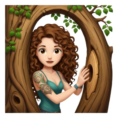woman with long curly brown hair, brown eyes, white skin, tattoos, opening a tree trunk like a secret door portal sticker