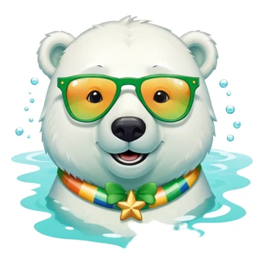 friendly anthropomorphised polar bear smiling, wearing large multicolored star-shaped glasses and festive St. Patrick's Day outfit, swimming in water sticker
