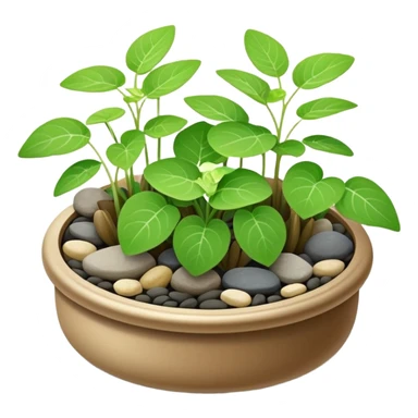 Small dish garden with Plectranthus Verticillatus sprouts having perfectly circular coin-shaped leaves arranged with small rocks sticker