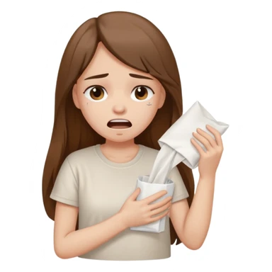 a pretty bratz fair girl crying in a loose oversized off white tshirt  with long brown hair with a tissue box sticker