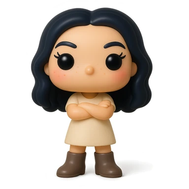Enhance the Funko Pop style vinyl figure with superior quality, smooth tanned skin, detailed dark hair, textured feminine cream dress, greige leather boots clearly visible, arms crossed pose, rosy cheeks, very discreet freckles, eyelashes, mischievous and cheerful expression, no mouth, transparent background. sticker