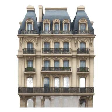 “Haussmannian building with ornate stone facade, wrought-iron balconies, tall arched windows, and mansard roof in classic Parisian style” sticker