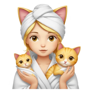 A beautiful girl with fair skin - just finished taking a shower - wrapped in a bath towel and holding a golden gradient cat sticker