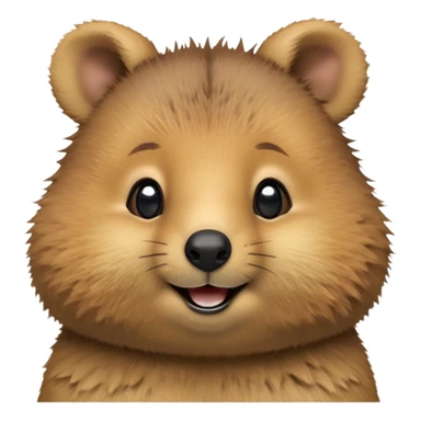 cinematic-realistic quokka-emoji,-small-round-frame, head tilted in an endearing manner, comical smile, round cheeks, giant-fluffy-cheeks-large-smile-fluffy-brown-fur-radiating-a-warm-softness,-big-round-eyes-filled-with-joy, realisticround  fluffy zoomed in, large black eyes sticker
