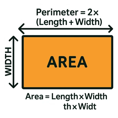 Add clear text labels for the formulas: Perimeter = 2 × (Length + Width), Area = Length × Width. Place the labels near the rectangle and shaded area, suitable for grade 4. Keep the background transparent. sticker