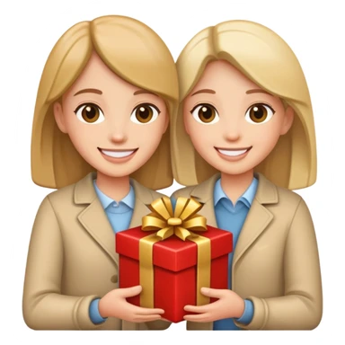 Two people holding a gift sticker