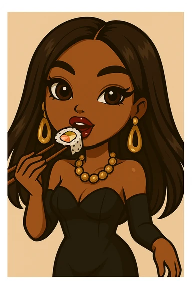 Change the pose to a 20-year-old anime Bratz style woman with dark skin, straight hair, trendy outfit, big expressive eyes, glossy lips, no hat, no tears, happy expression, both eyes open, looking straight ahead, eating a California roll with chopsticks, headshot only. sticker