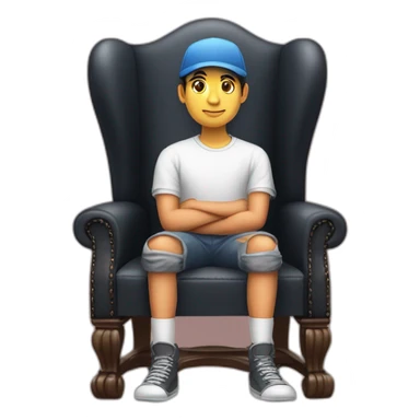 A cap wearing boy seating on a king chair ,the chair with wings an the background display  name sunil kumawat  sticker