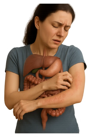 donna con intestino umano anatomico realistico che si gratta il braccio su cui ha un'eritema, iperrealistica 4k sticker