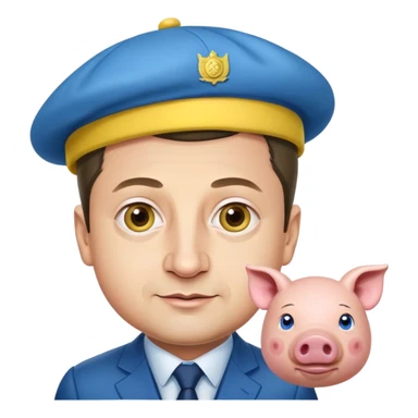 President Zelensky's head on a pig body wearing a yellow and blue hat sticker