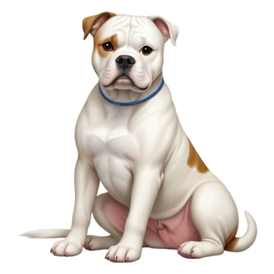 cinematic-[american bulldog]-realistic-full-body-sitting-emoji,-tail-resting-loosely-beside-its-paws,-head-tilted-dramatically,-sleek-[solid white]-fur,-simplified-yet-realistic-focused-features,-highly-detailed,-glowing-with-an-almost-sarcastic-glow sticker