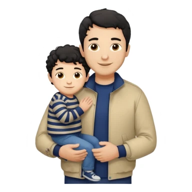 A father with short curly black hair and a friendly smile, dressed in a navy blue T-shirt and a beige jacket. He carries his child with soft straight dark hair wearing a tiny striped sweater. Bright, natural, heartwarming scene. sticker