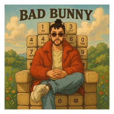 ghibli style Bad Bunny sitting on a throne-like chair made of phone keypads, detailed and artistic album cover sticker