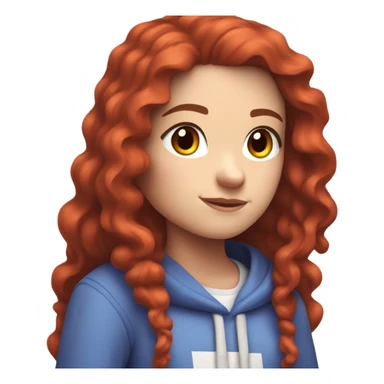 a white girl with long red curly hair, wearing periwinkle Minecraft hoodie playing a videogame sticker