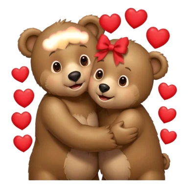 female bear with bow on her head and male bear hugging, couple, surrounded by hearts, playful and loving, cute, same height  sticker