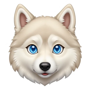 Beige husky with blue eyes and a heart sticker