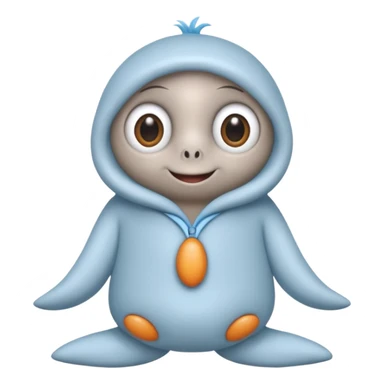 No head..it has 1 eye....stands upright ...wears clothing. is light grey and light blue..looks happy and cuddly... doesnt have a full head.... there is a appendage coming out of top of body with a single large eye sticker