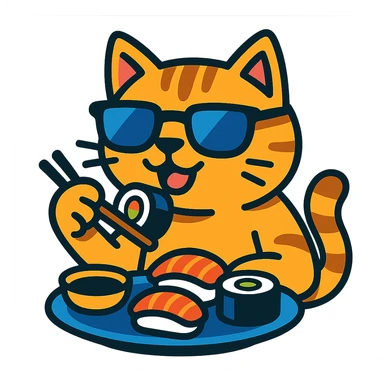 cat in sunglasses eating sushi sticker