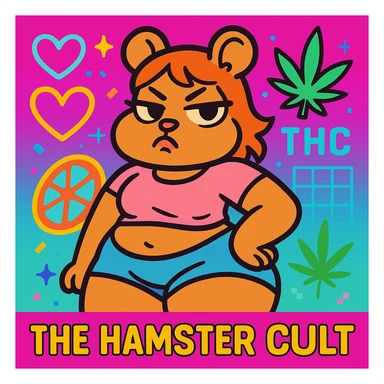 Vibrant, square Discord server icon for 'The Hamster Cult (THC)'. Central character: thick tan anthro cute hamster girl with big thighs, chubby tummy, pouty lips, and a bratty attitude, wearing a cute crop top and shorts. Colorful, vaporwave-inspired background with neon hearts, fruitger aero and webcore pixel details, weed leaf, subtle 'THC' logo. Minimal or no snacks. Playful, bratty, chaotic but polished, perfect for a Discord icon. sticker
