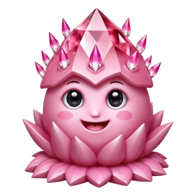 A single cute pink crystal cluster character, chunky round base with many tall rose-pink crystal spikes growing upward like a quartz cluster, faceted and slightly imperfect, on the front of the base a kawaii face with big shiny eyes and a happy open smile very shiny sticker