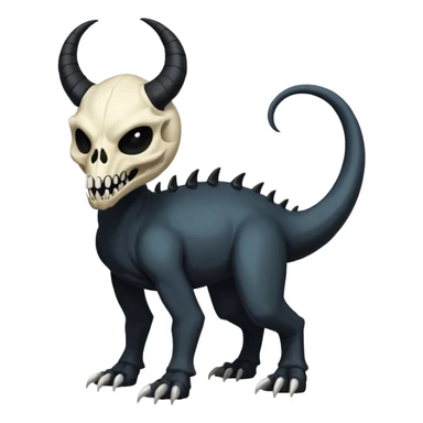 Shiny Dark Edgy  Duskull-Salandit-Amaura-Fakémon-hybrid-creature (full body) with a horned animal-skull-mask sticker