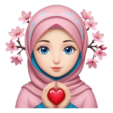 Turkish beautiful finish Konya girl blue eyes with cherry blossom flower design hijab and hold heart in her hand  sticker