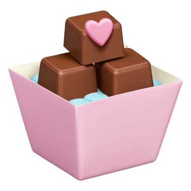Two square milk chocolate , Each praline is a sharp-edged cube with smooth glossy chocolate coating, placed in a small white fluted paper candy cup. On top of each cube is a flat pastel pink heart-shaped icing sticker