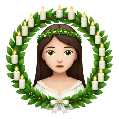  saint lucia with dark brown hair with a white gown and a wreath made from greenery with candles on top of the wreath sticker