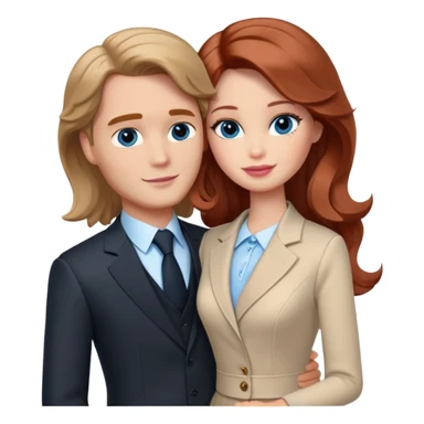 Barbie girl  , eyes blue , Chestnut red long wavy hair In pale beige clothes, Hugs a man with pale brown hair short haircut, brown eyes , and a black suit sticker