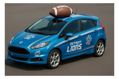A compact Ford car with Detroit Lions theme, blue and silver stripes, lion paw prints, and a football on the roof. sticker