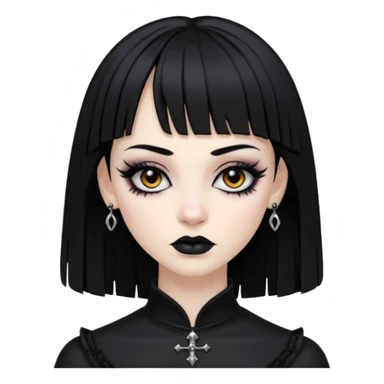 Faça uma moça de cabelo preto e micro franja pálida e com maquiagem gótica pesada olhos castanhos escuro  sticker