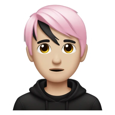Create an emoji of an emo guy with split-dyed hair (one side pastel pink, the other side black), wearing black clothes and a subtle sad expression, inspired by the style of Lil Peep. sticker