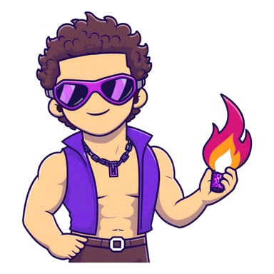 close-up of cool guy male athlete with white skin and moderately curly dark brown hair on top with shaved sides, with one purple ski goggle lens pushed up above his eyes on his forehead, with an arrogant smug smirk on his face, wearing only a plain black chain necklace around his neck, and a completely unzipped sleeveless vest with purple and black sequin fire pattern design with no logo, clearly showing he is shirtless underneath with exposed chest and abs sticker