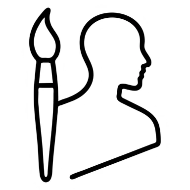 A paintbrush morphing into a polished silver human sculpture silhouette with bronze details, symbol of artistic identity sticker