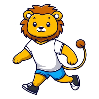 retro 1950s anthropomorphised lion in a t-shirt and shorts, walking sticker