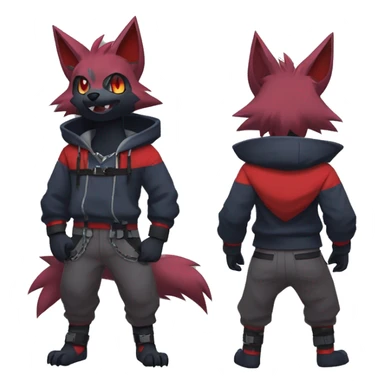 Cool Edgy Zorua-Zoroark-Mightyena with a collar and hoodie-sweater and harness on, full body sticker