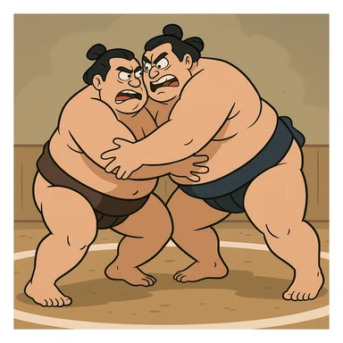 sumo wrestling match, two large men grappling, dramatic movement, stylized, cartoon style sticker